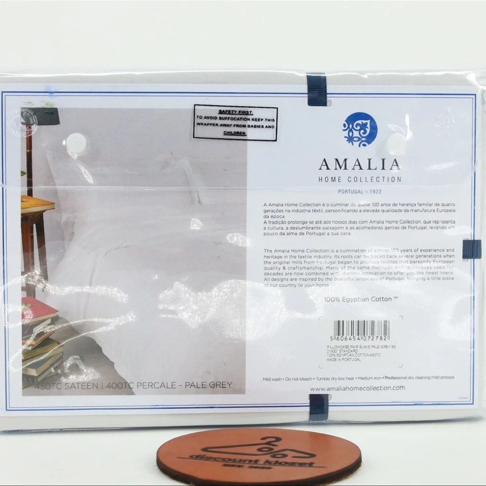 Amalia Pillowcase Pair Standard 100% Egyptian Cotton Suave Pale‎ Grey 21x32”